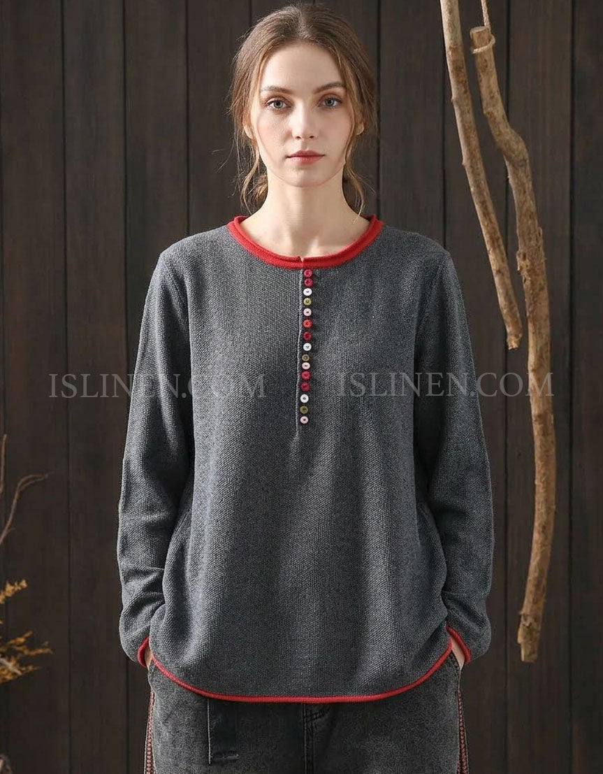 Women's Gray Knit Top with Red Trim & Colorful Buttons
