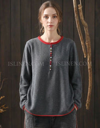 Women's Gray Knit Top with Red Trim & Colorful Buttons