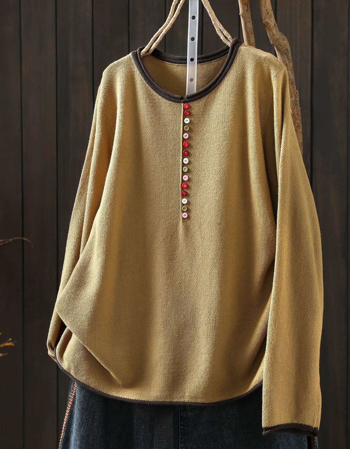 Women's Gray Long Sleeve Knit Top with Colorful Buttons