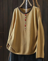 Women's Gray Long Sleeve Knit Top with Colorful Buttons