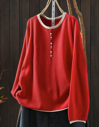 Women's Gray Knit Pullover with Red Trim & Button Detail