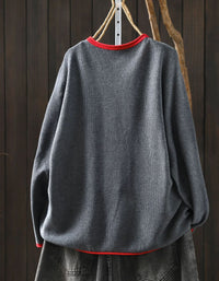 Gray Women's Knit Shirt with Red Trim and Button Detail