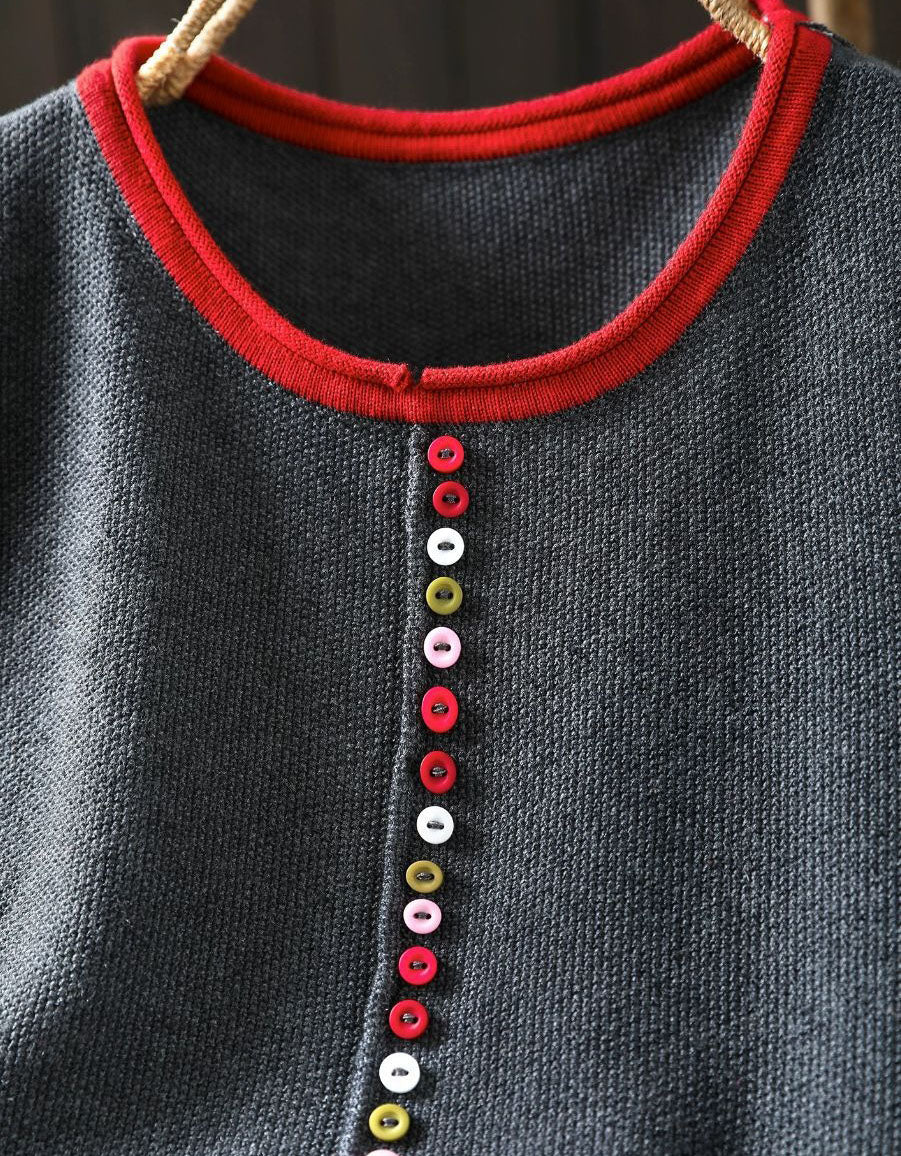 Women's Casual Gray Knit Top with Red Trim & Buttons