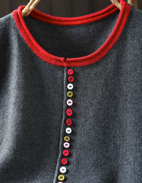 Women's Casual Gray Knit Top with Red Trim & Buttons