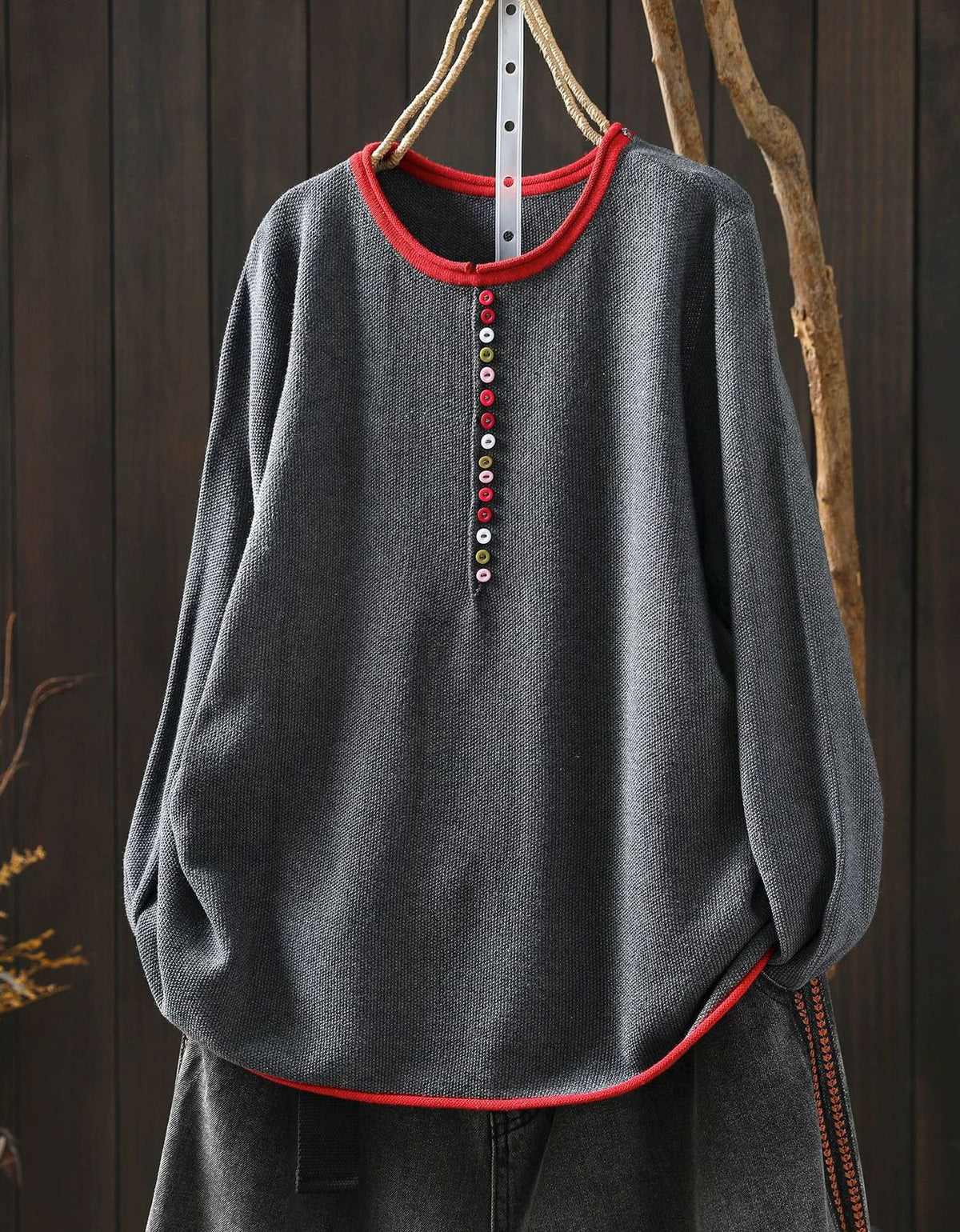 Women's Gray Long Sleeve Top with Colorful Button Detail