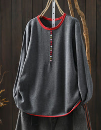 Women's Gray Long Sleeve Top with Colorful Button Detail
