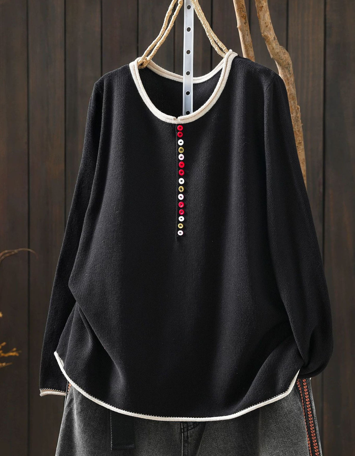 Women's Charcoal Knit Blouse with Red Trim & Buttons