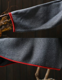 Women's Gray Knit Top, Red Trim, Colorful Front Buttons