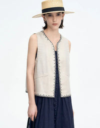 Loose Casual Embroidered Open Front Linen Vest - Islinen