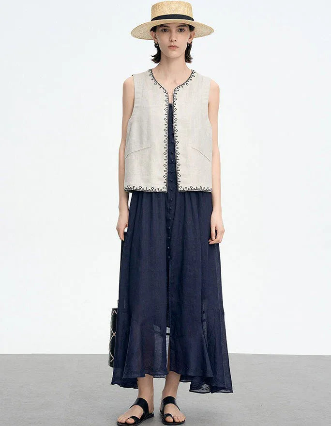 Loose Casual Embroidered Open Front Linen Vest - Islinen
