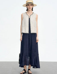 Loose Casual Embroidered Open Front Linen Vest - Islinen