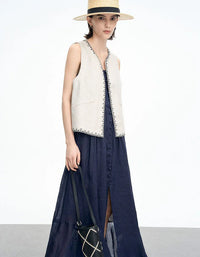 Loose Casual Embroidered Open Front Linen Vest - Islinen