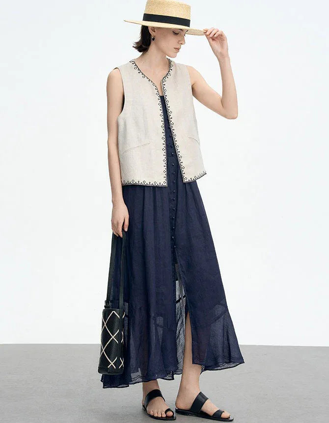 Loose Casual Embroidered Open Front Linen Vest - Islinen