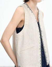 Loose Casual Embroidered Open Front Linen Vest - Islinen