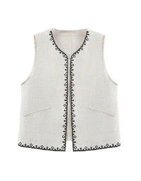 Loose Casual Embroidered Open Front Linen Vest - Islinen