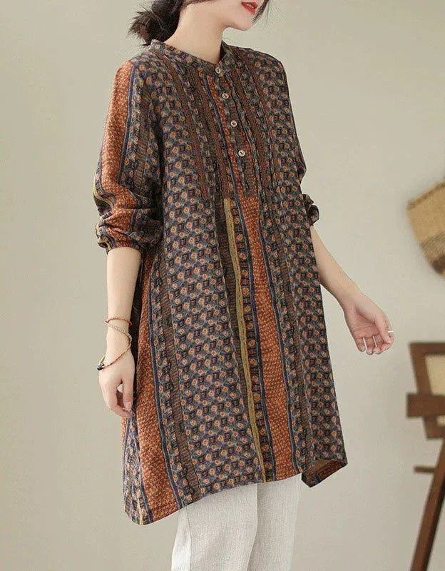Loose Casual Ethnic Linen Tunic Shirt for Women - Islinen