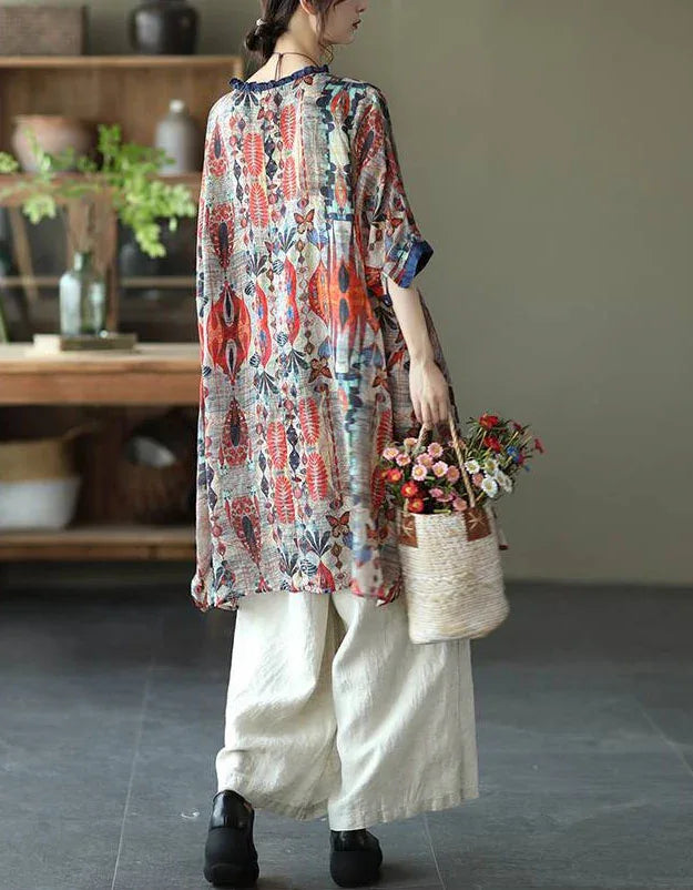 Loose Casual Floral Comfortable Tunic Shirt - Islinen