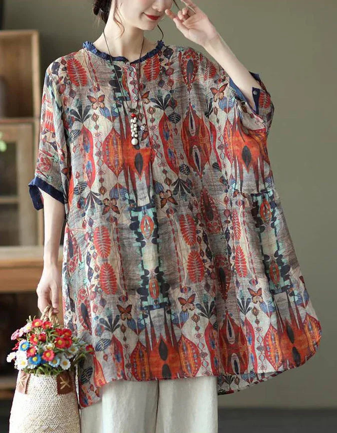 Loose Casual Floral Comfortable Tunic Shirt - Islinen