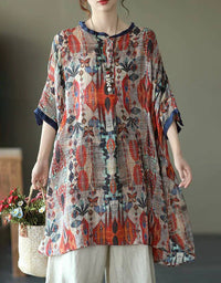 Loose Casual Floral Comfortable Tunic Shirt - Islinen