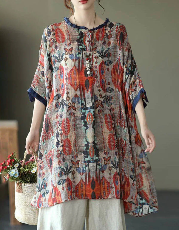 Loose Casual Floral Comfortable Tunic Shirt - Islinen