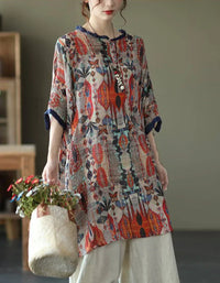 Loose Casual Floral Comfortable Tunic Shirt - Islinen
