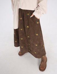 Loose Casual Floral Embroidered Corduroy Skirt