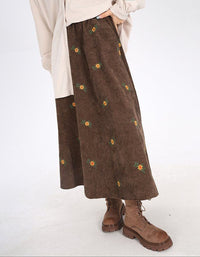 Loose Casual Floral Embroidered Corduroy Skirt