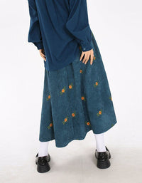 Loose Casual Floral Embroidered Corduroy Skirt