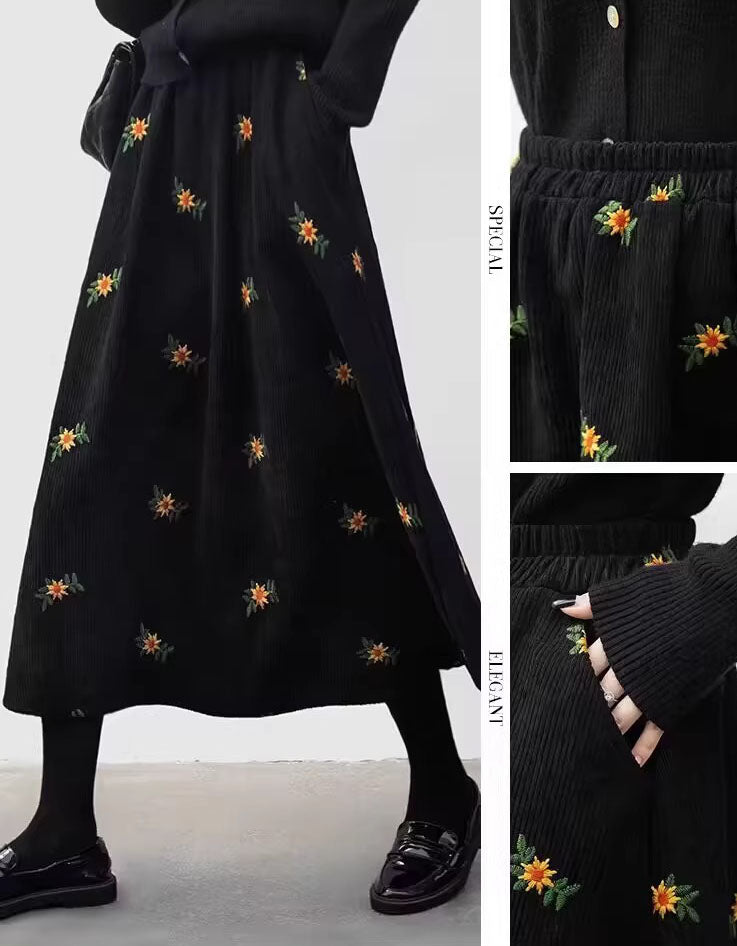 Loose Casual Floral Embroidered Corduroy Skirt