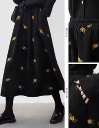 Loose Casual Floral Embroidered Corduroy Skirt
