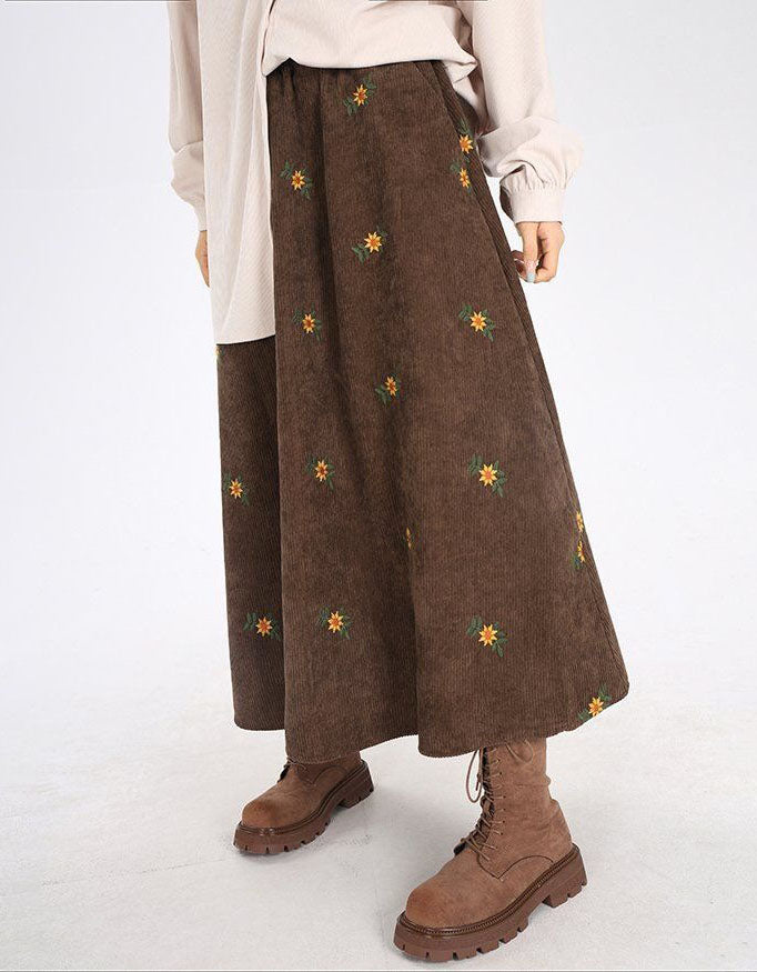 Loose Casual Floral Embroidered Corduroy Skirt