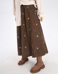 Loose Casual Floral Embroidered Corduroy Skirt