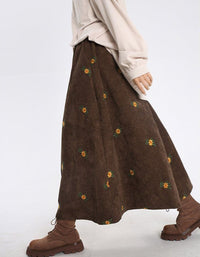 Loose Casual Floral Embroidered Corduroy Skirt