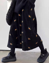 Loose Casual Floral Embroidered Corduroy Skirt