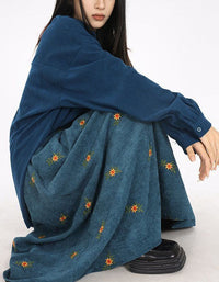 Loose Casual Floral Embroidered Corduroy Skirt