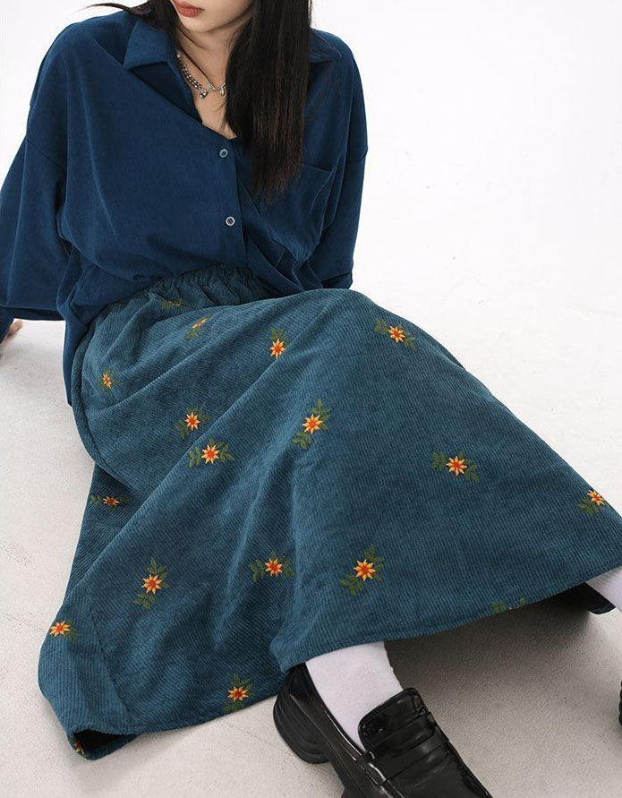 Loose Casual Floral Embroidered Corduroy Skirt