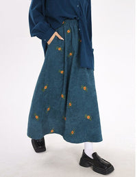Loose Casual Floral Embroidered Corduroy Skirt