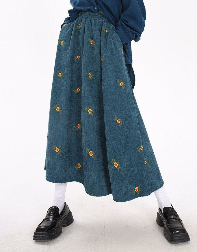Loose Casual Floral Embroidered Corduroy Skirt