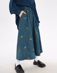 Loose Casual Floral Embroidered Corduroy Skirt