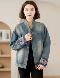 Floral embroidered denim jacket for women casual outfit