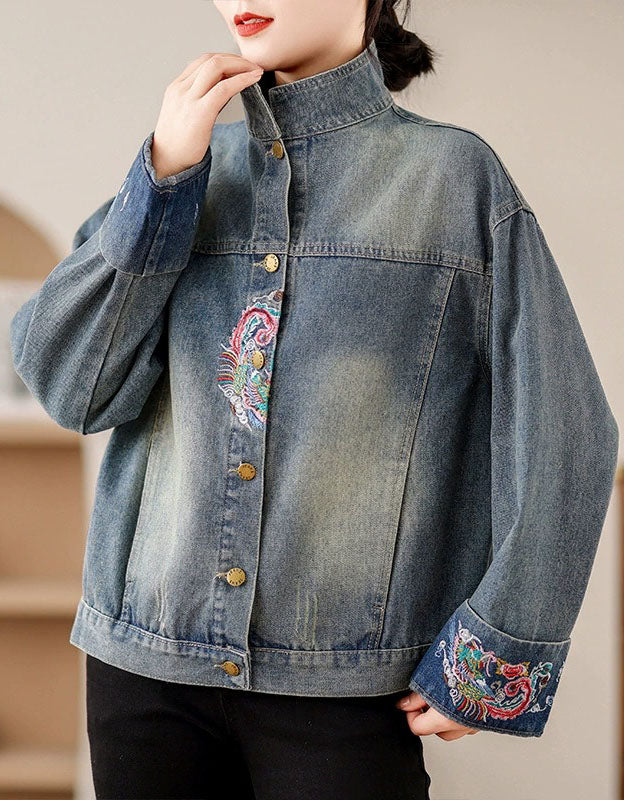 Relaxed fit women’s denim jacket embroidered sleeve