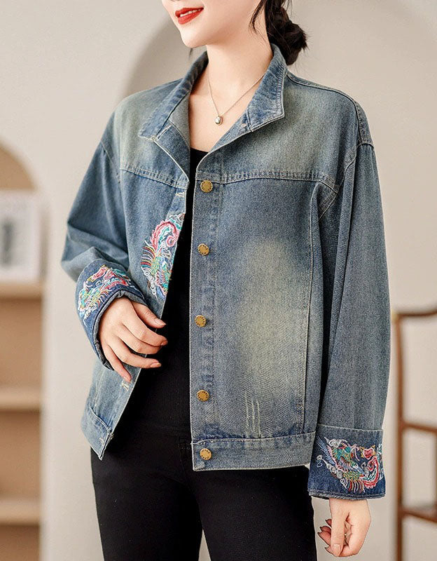 Women’s vintage style denim jacket with floral embroidery