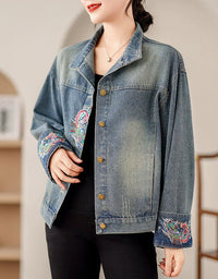 Women’s vintage style denim jacket with floral embroidery