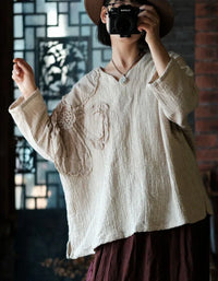 Loose Casual Floral Embroidered Linen Blouse - Islinen
