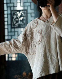 Loose Casual Floral Embroidered Linen Blouse - Islinen