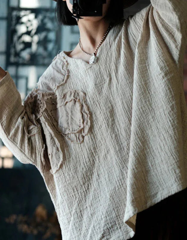 Loose Casual Floral Embroidered Linen Blouse - Islinen