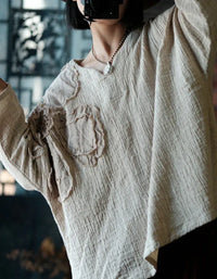 Loose Casual Floral Embroidered Linen Blouse - Islinen