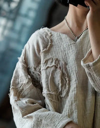 Loose Casual Floral Embroidered Linen Blouse - Islinen