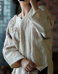 Loose Casual Floral Embroidered Linen Blouse - Islinen