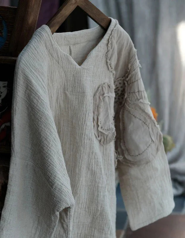 Loose Casual Floral Embroidered Linen Blouse - Islinen